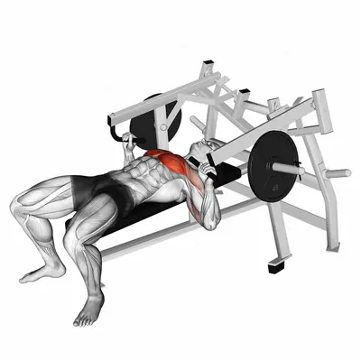 Lever Lying Chest Press (plate loaded) exercise targeting Chest and Pectoralis Major Sternal Head