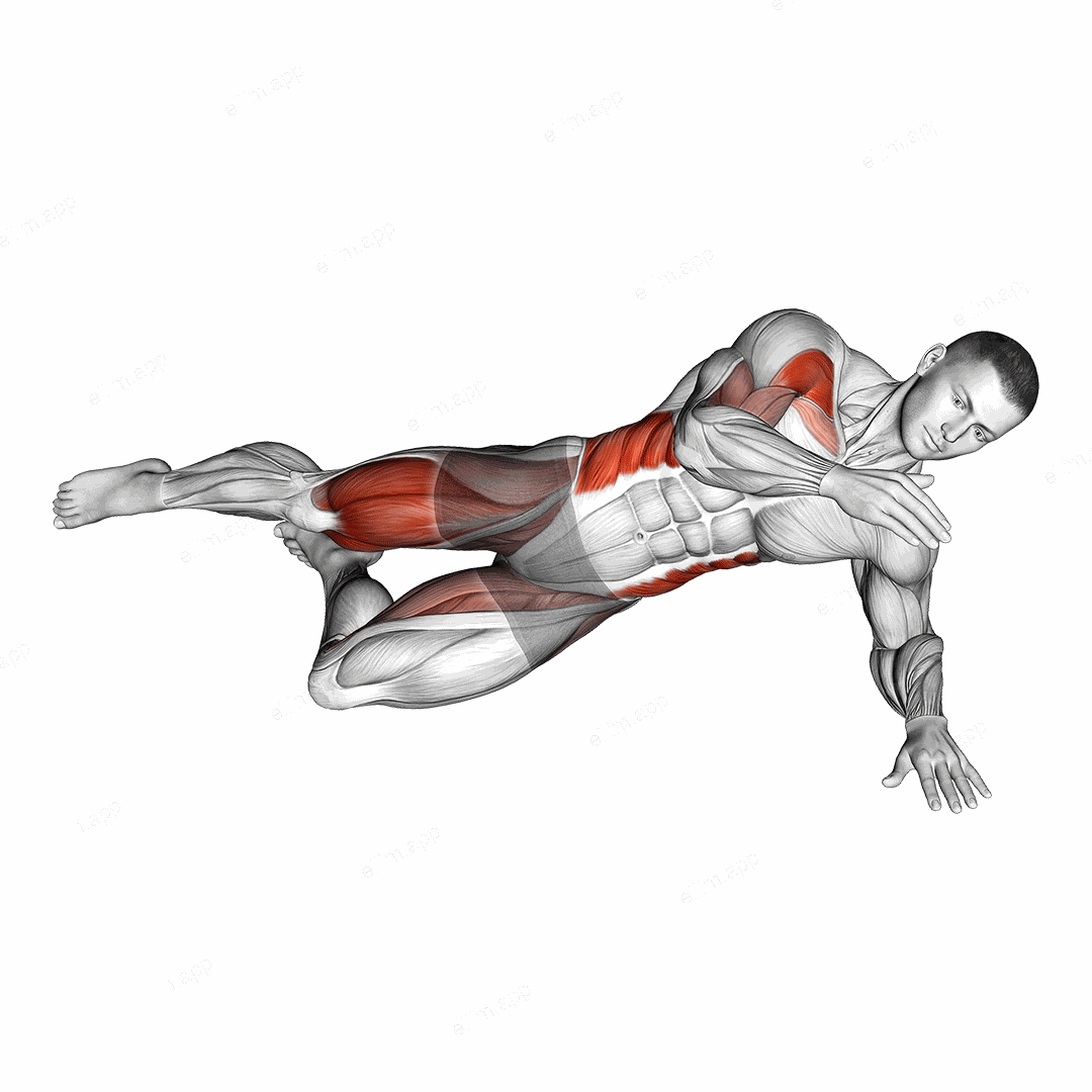 Side Bridge with Arm Leg Swing exercise targeting Deltoid Anterior and Gluteus Maximus