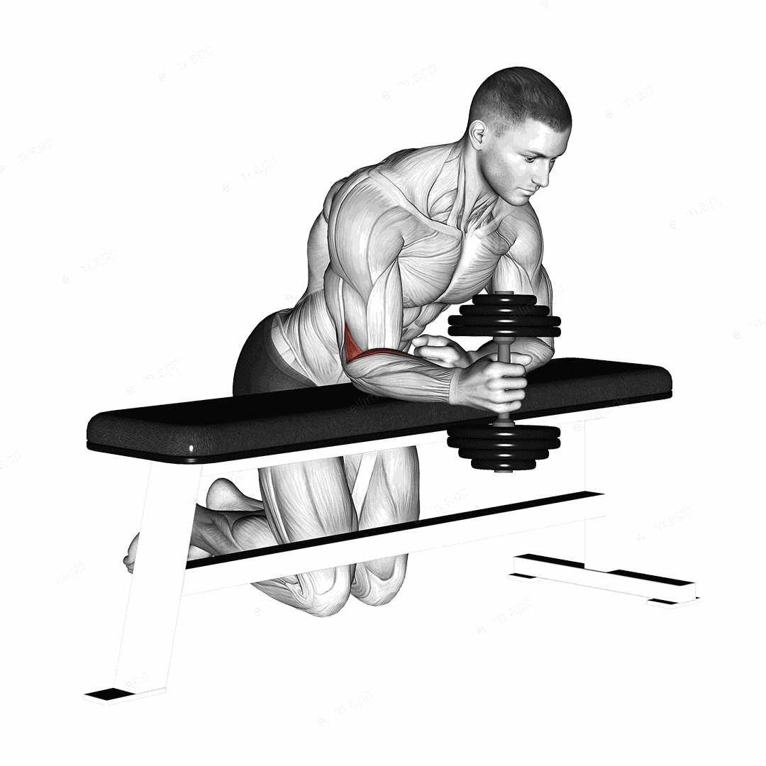 Dumbbell Over Bench One Arm Neutral Wrist Curl exercise targeting Forearms and Brachioradialis