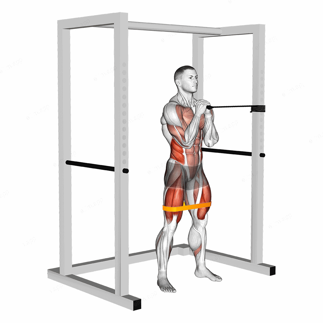 Band horizontal Pallof Press with Resistance Band Squat exercise targeting Gluteus Maximus and Obliques