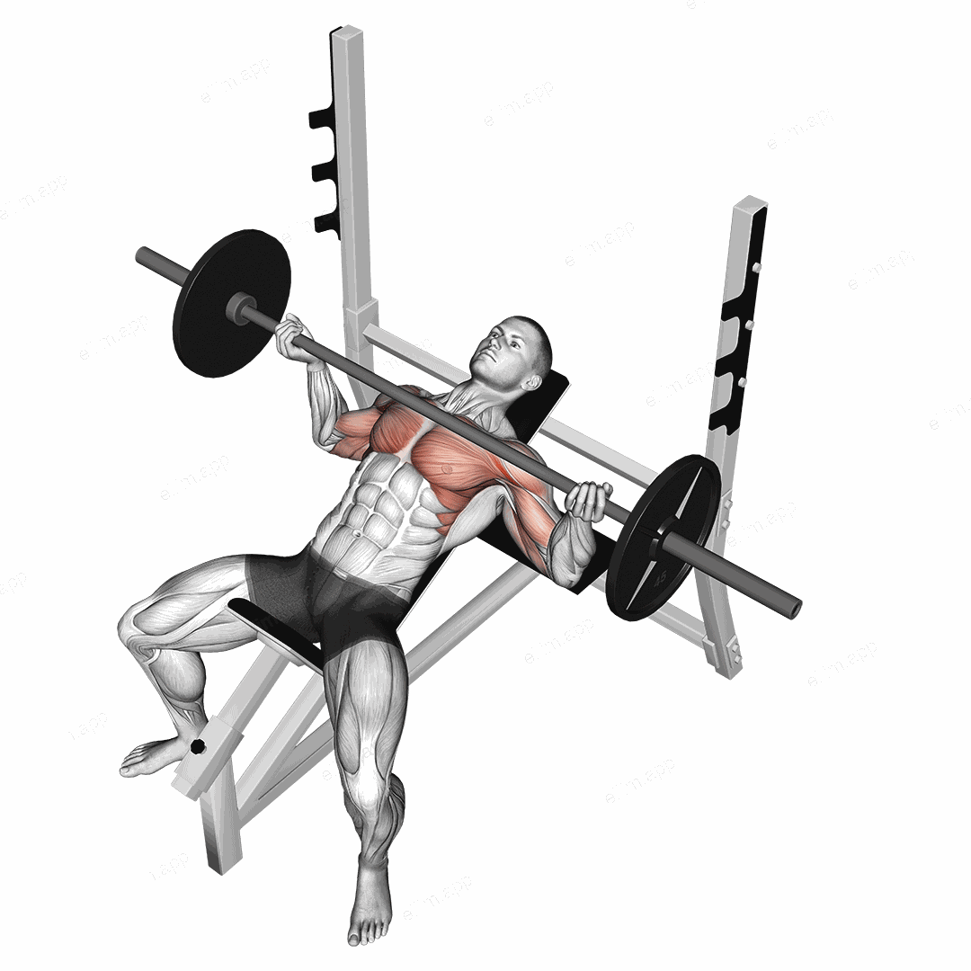 Barbell Incline Wide Reverse grip Bench Press exercise targeting Chest