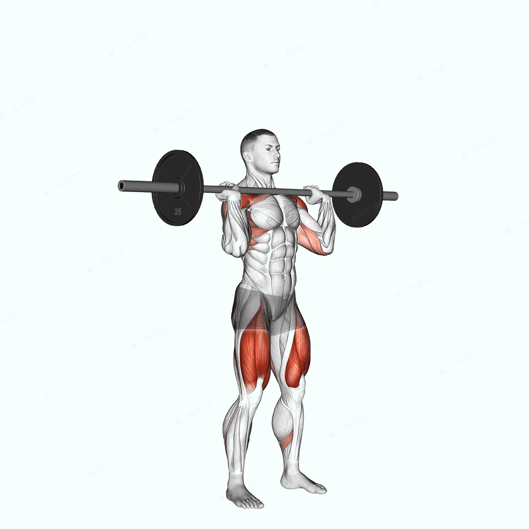 Barbell Squat to Shoulder Press exercise targeting Thighs