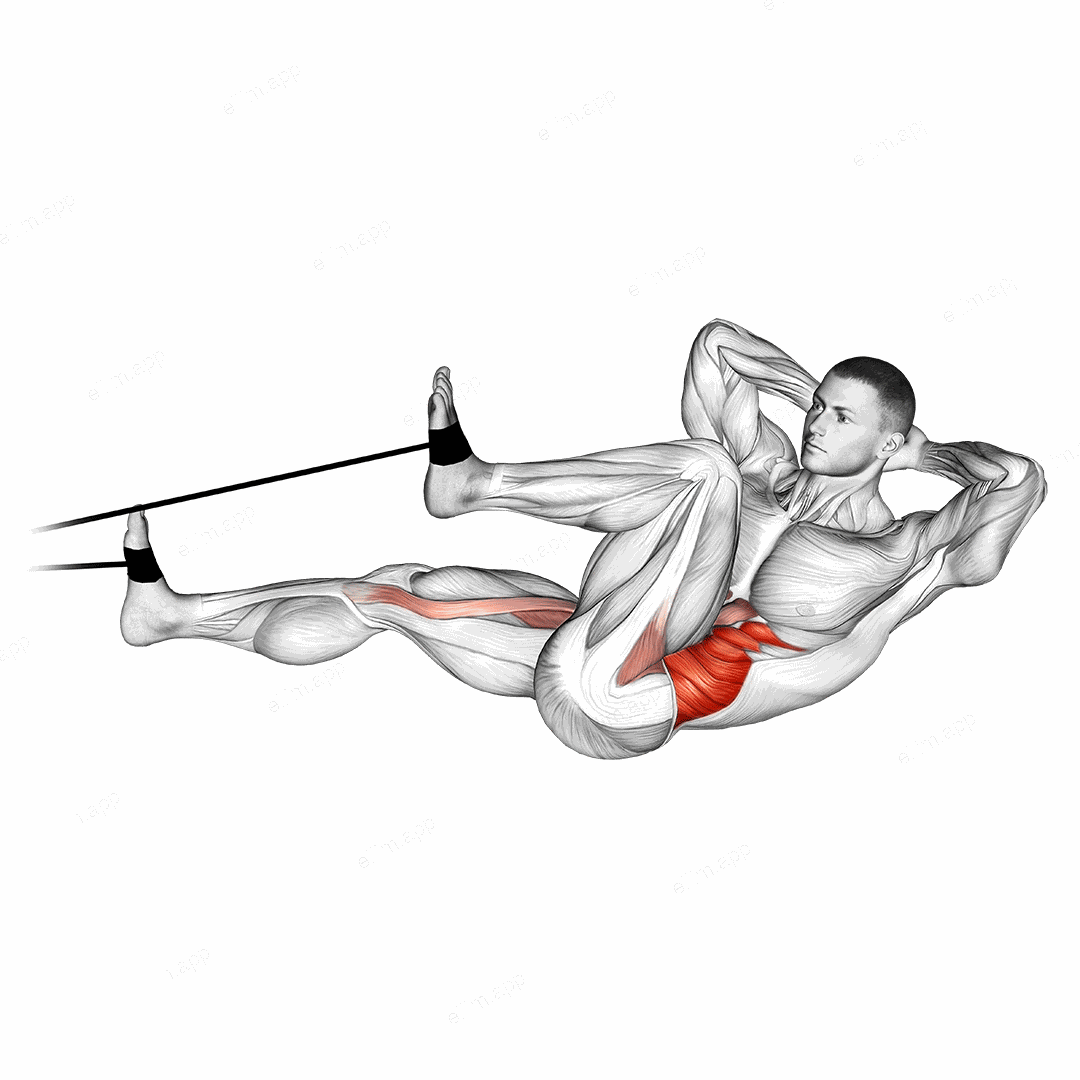 Band bicycle crunch exercise targeting Waist and Iliopsoas