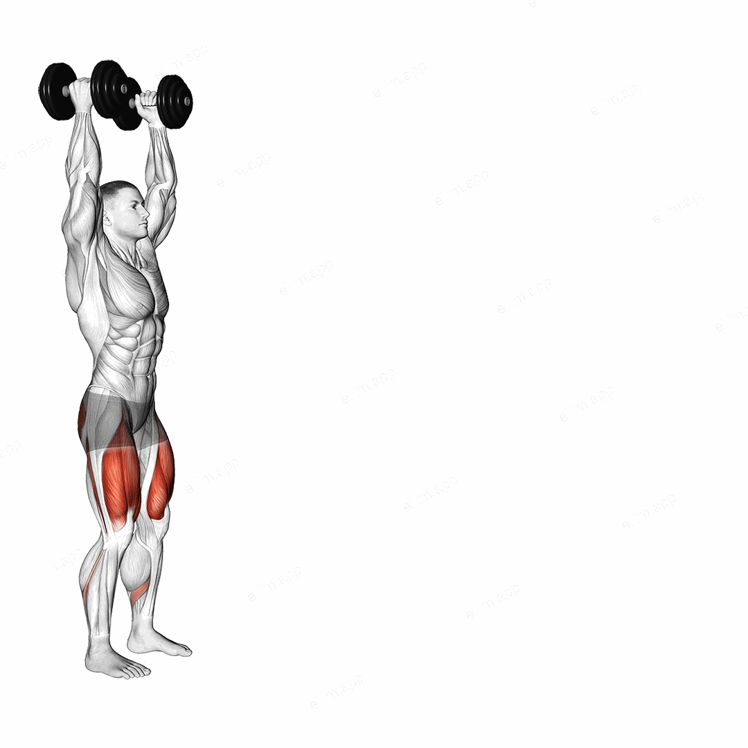 Dumbbell Overhead Walking Lunge exercise targeting Thighs