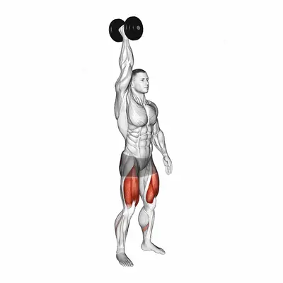 Single Arm Overhead Dumbbell Squat exercise targeting Thighs and Gluteus Maximus