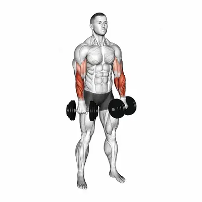 Dumbbell Standing Reverse Curl Rotate exercise targeting Forearms and Brachioradialis