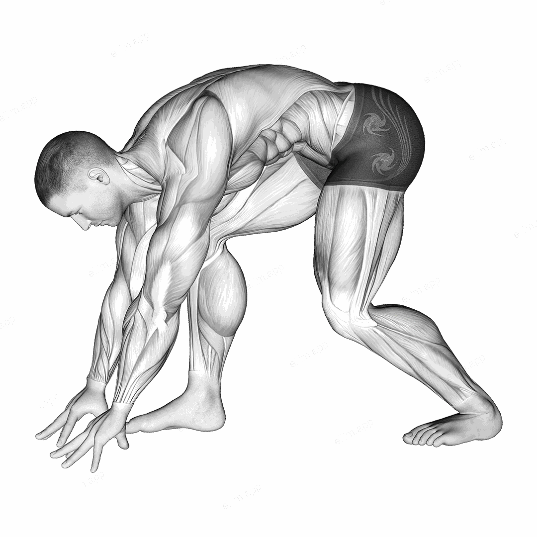Crouching Heel Back Achilles Stretch exercise targeting Calves