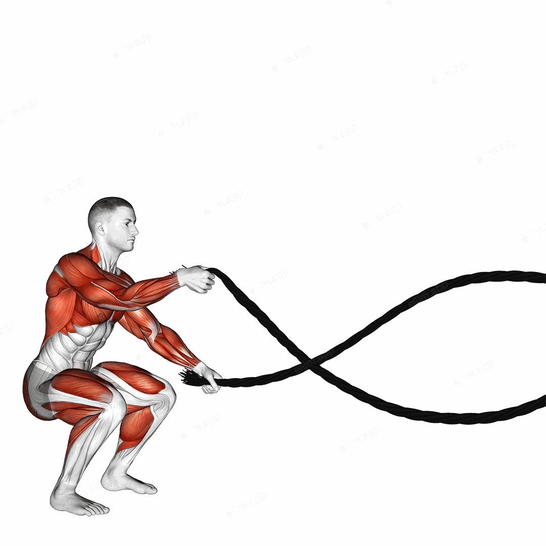 Battling Ropes Alternate Arms Jump Squat exercise targeting Back and Chest