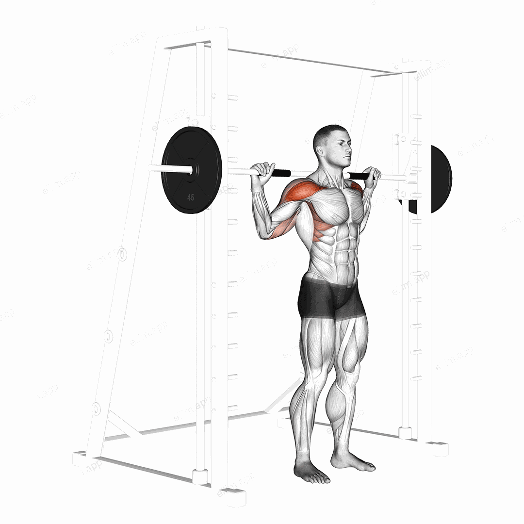 Smith Standing Behind Head Military Press exercise targeting Shoulders and Deltoid Anterior