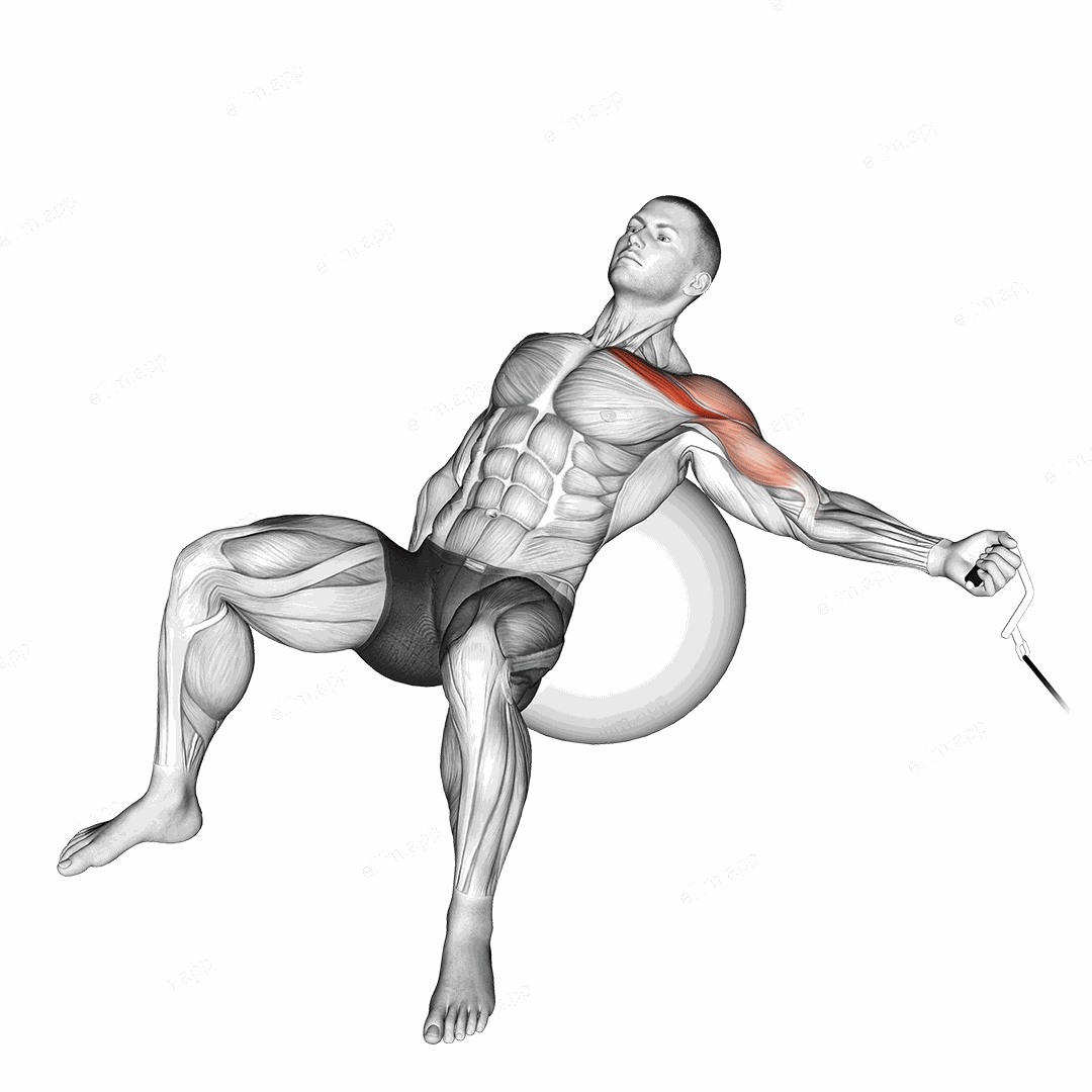 Cable One Arm Incline Fly on Exercise Ball exercise targeting Chest and Pectoralis Major Clavicular Head