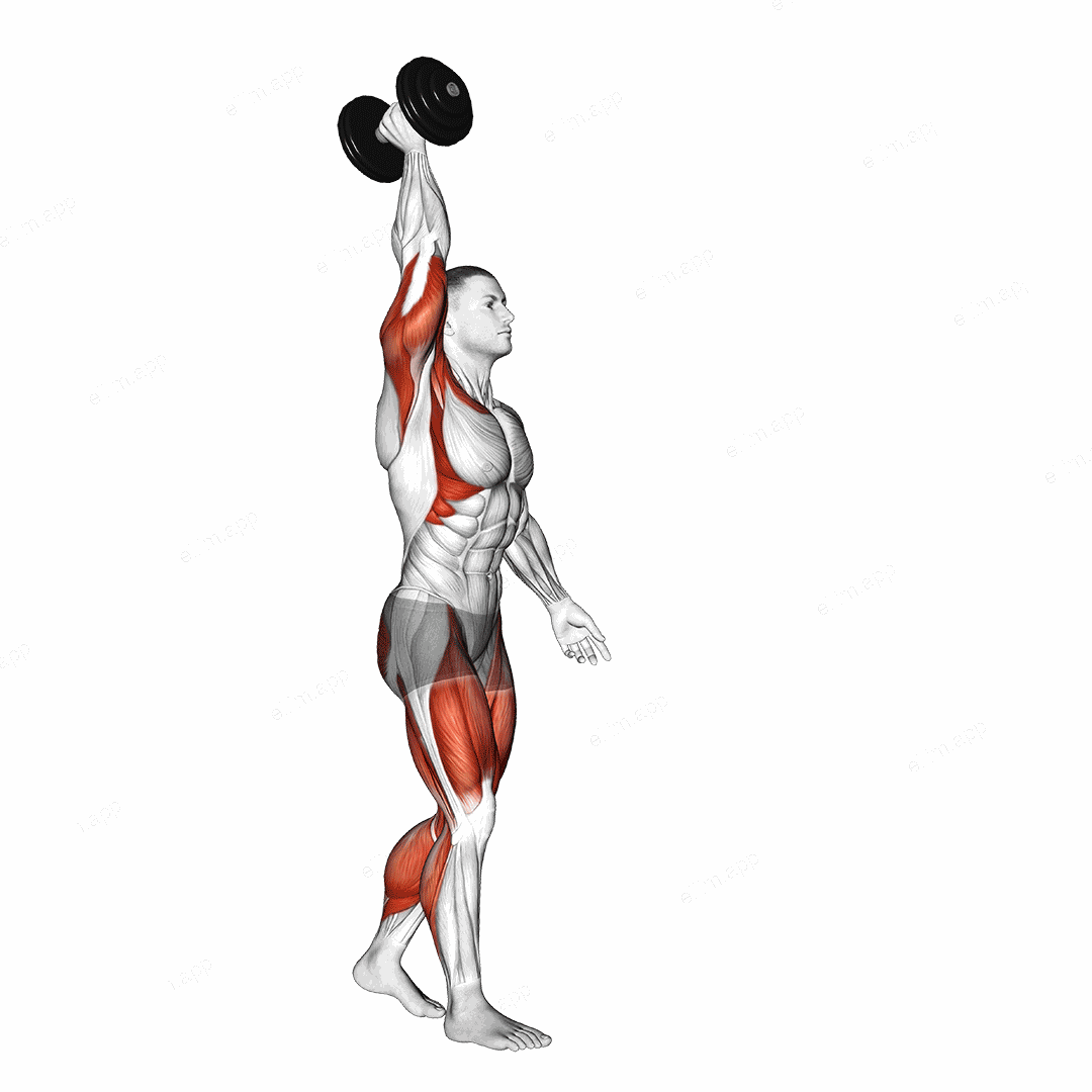 Dumbbell Single Arm Overhead Carry exercise targeting Shoulders and Thighs