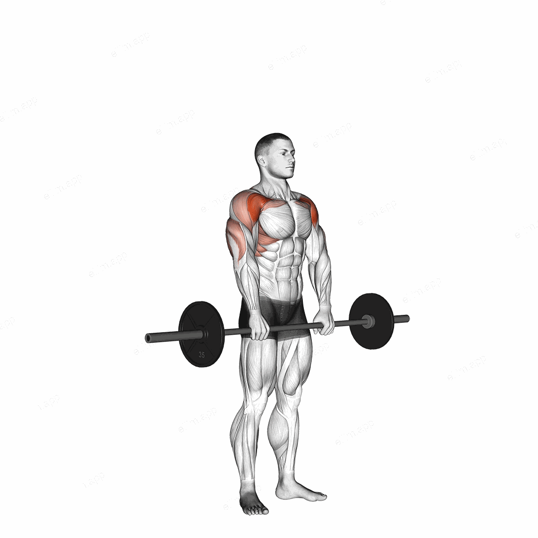 Barbell Standing Front Raise Over Head exercise targeting Shoulders and Deltoid Anterior