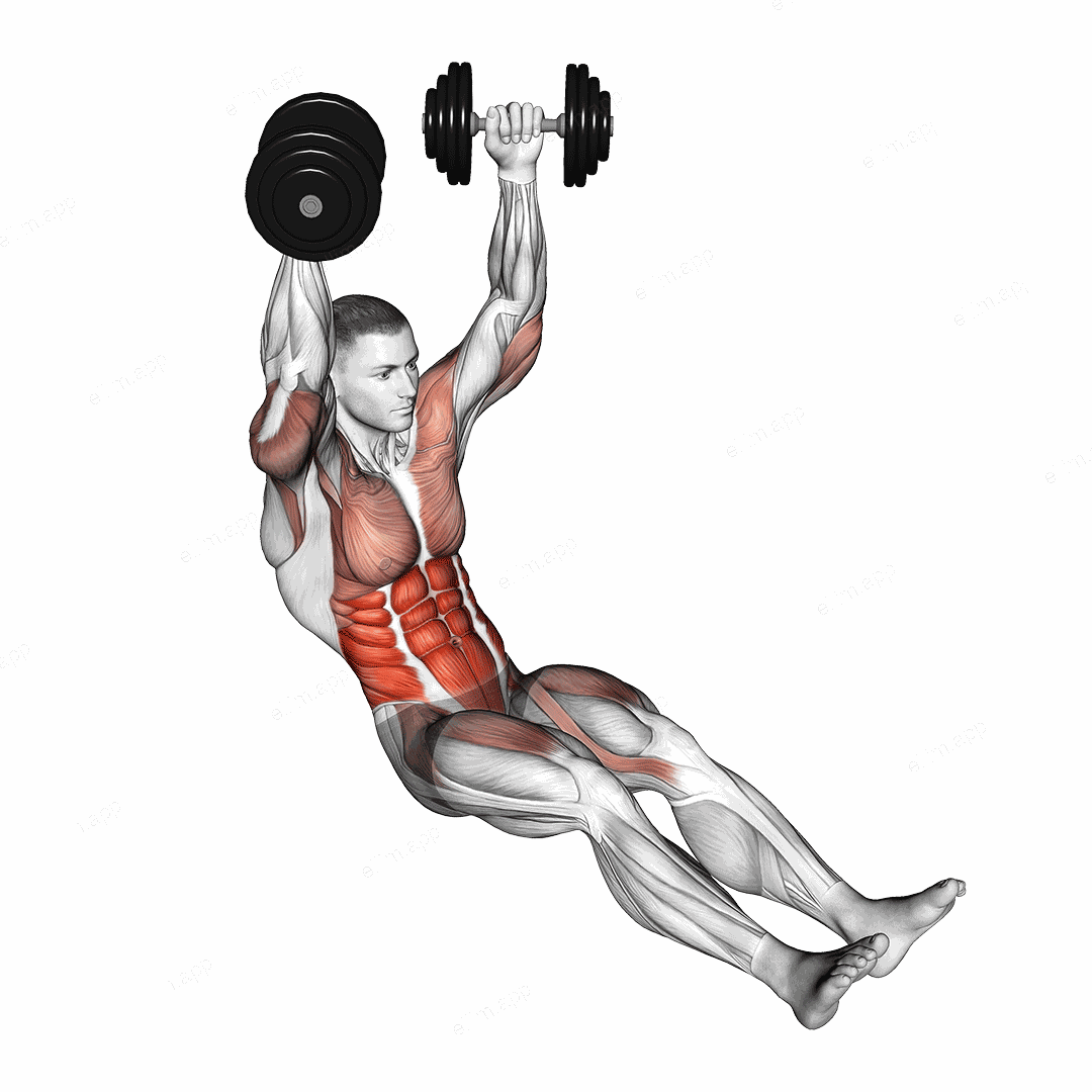 Dumbbell Seated Military Hold Alternate Leg Raise on Floor exercise targeting Waist