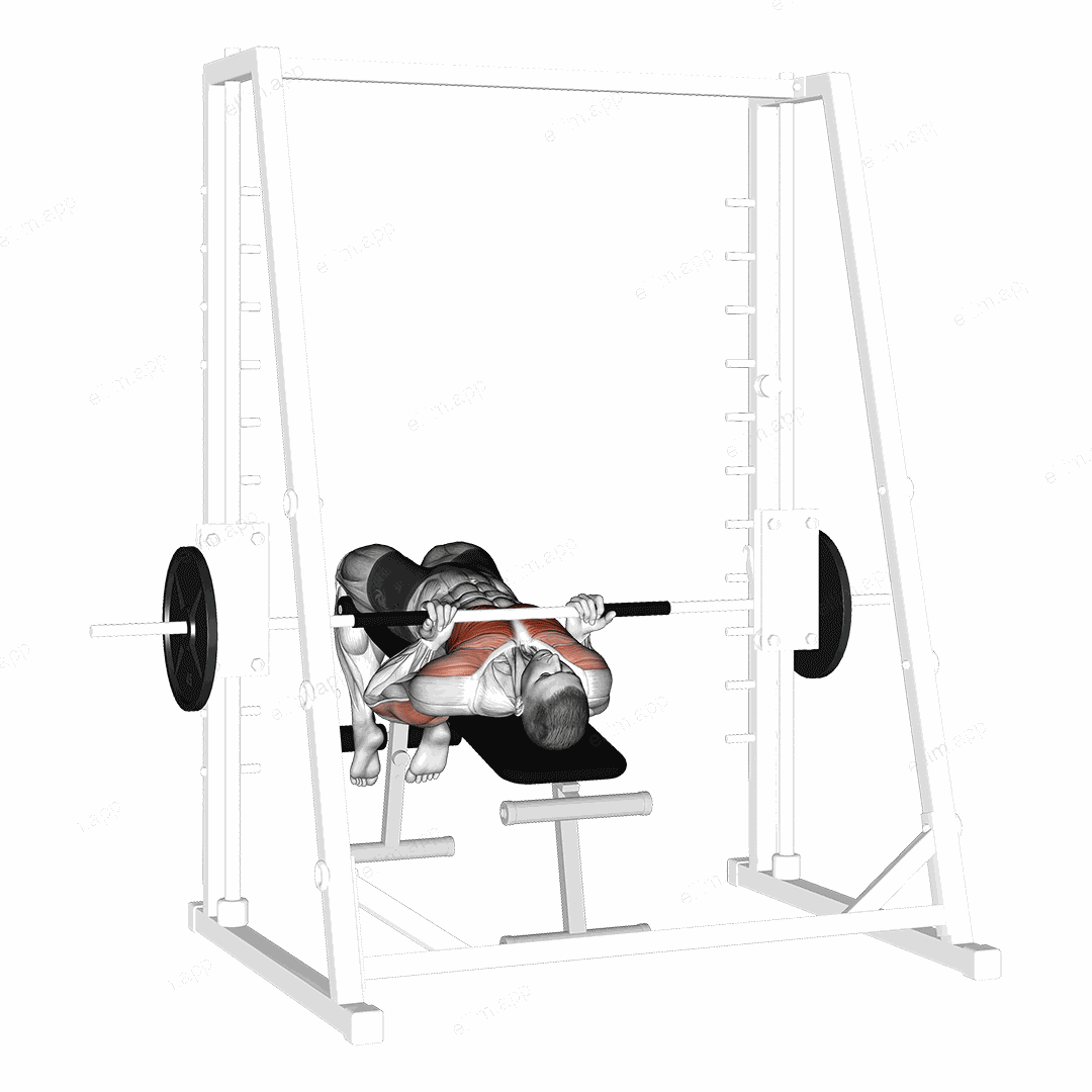 Smith Machine Reverse Decline Close Grip Bench Press exercise targeting Chest