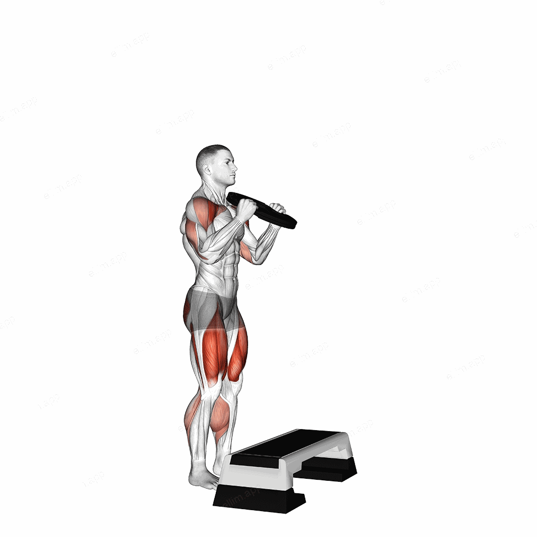 Weighted Overhead Press Step-Up exercise targeting Thighs