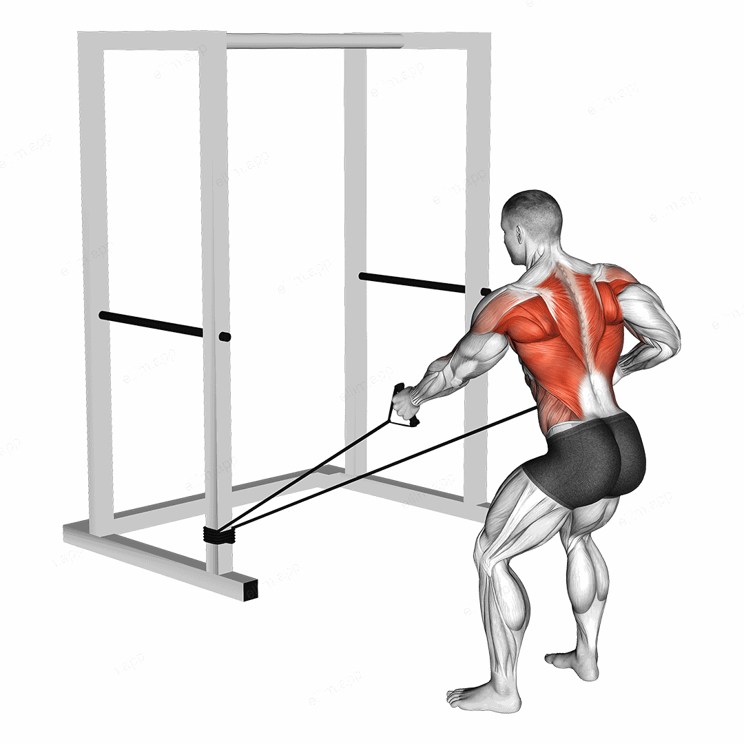 Band Alternate Low Row wtih Twist exercise targeting Back and Infraspinatus
