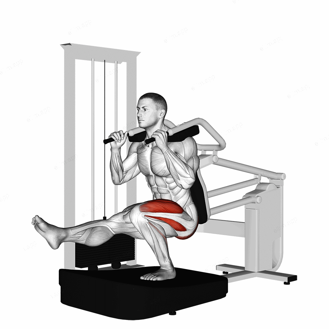 Lever Pistol Squat exercise targeting Thighs and Splenius