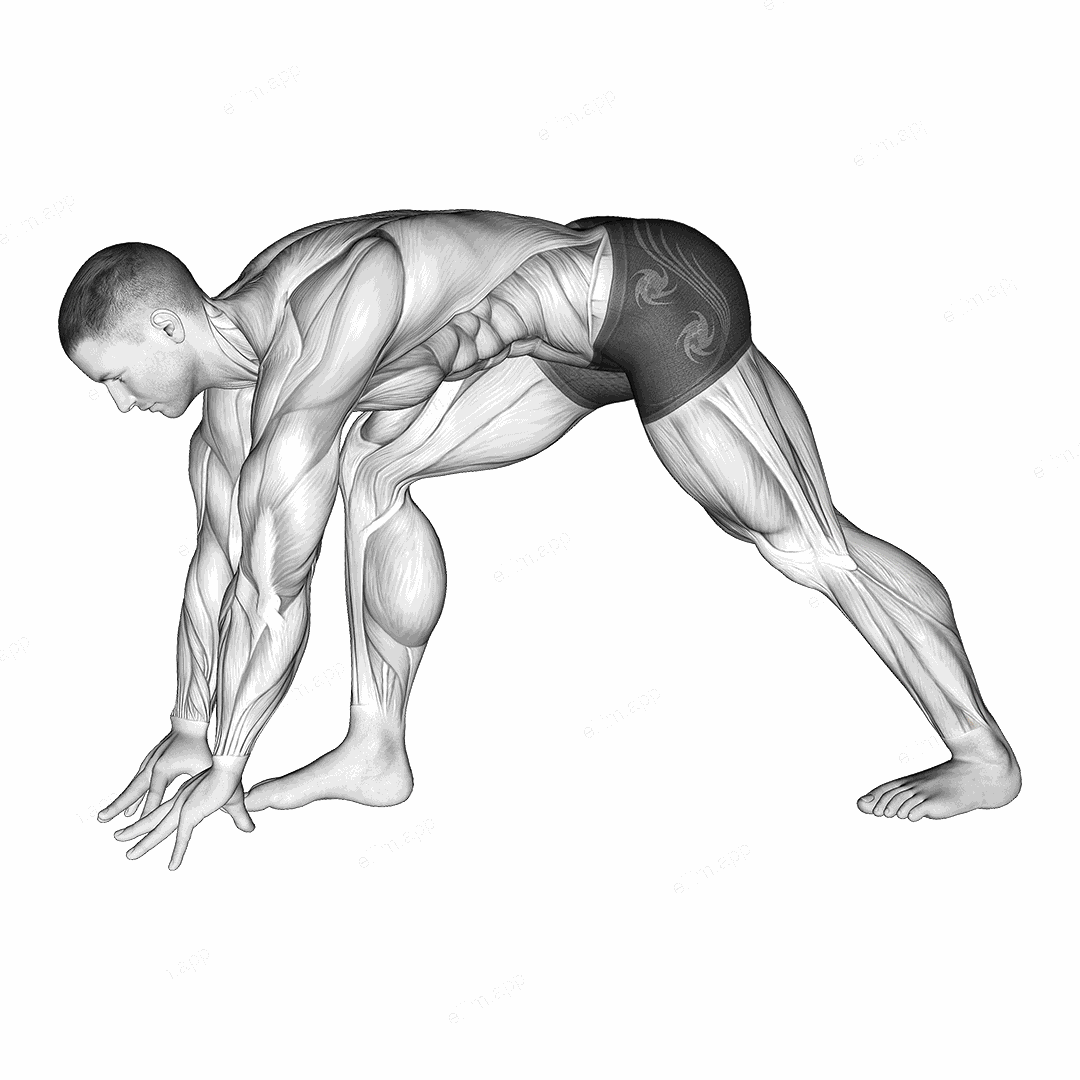 Crouching Heel Back Calf Stretch exercise targeting Calves