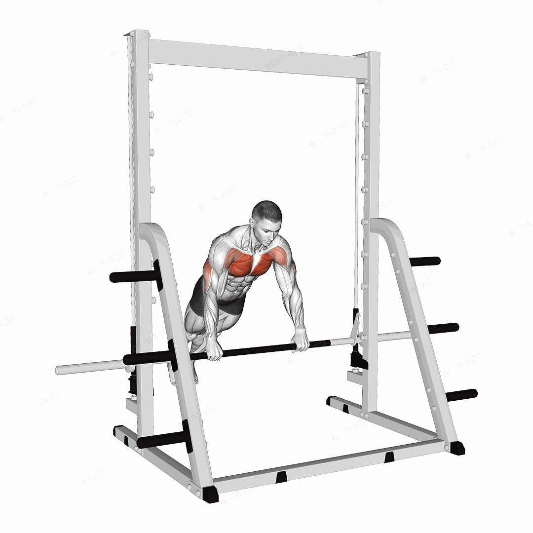Incline Push-up on a Smith Bar exercise targeting Chest
