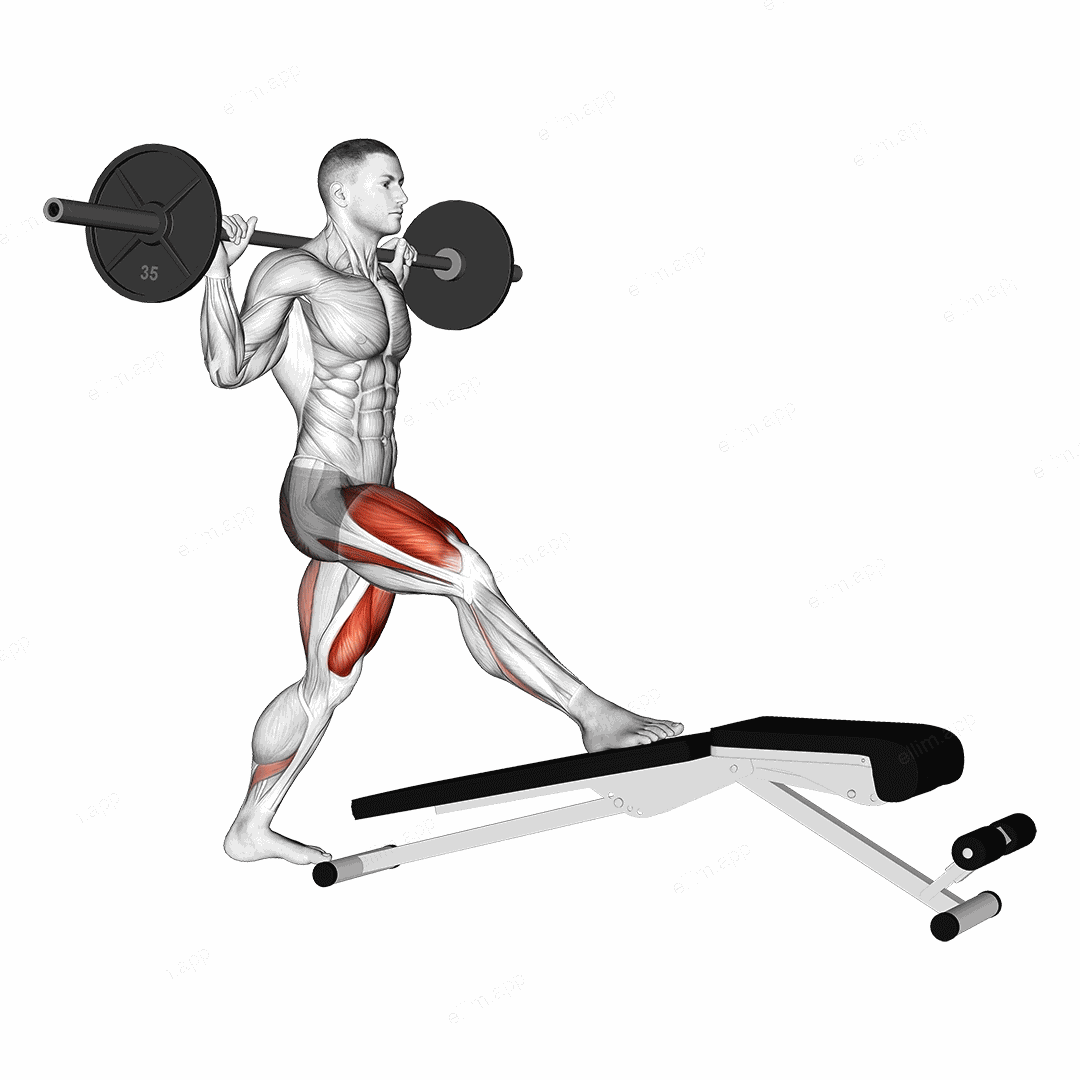Barbell Decline Bench Lunge exercise targeting Thighs
