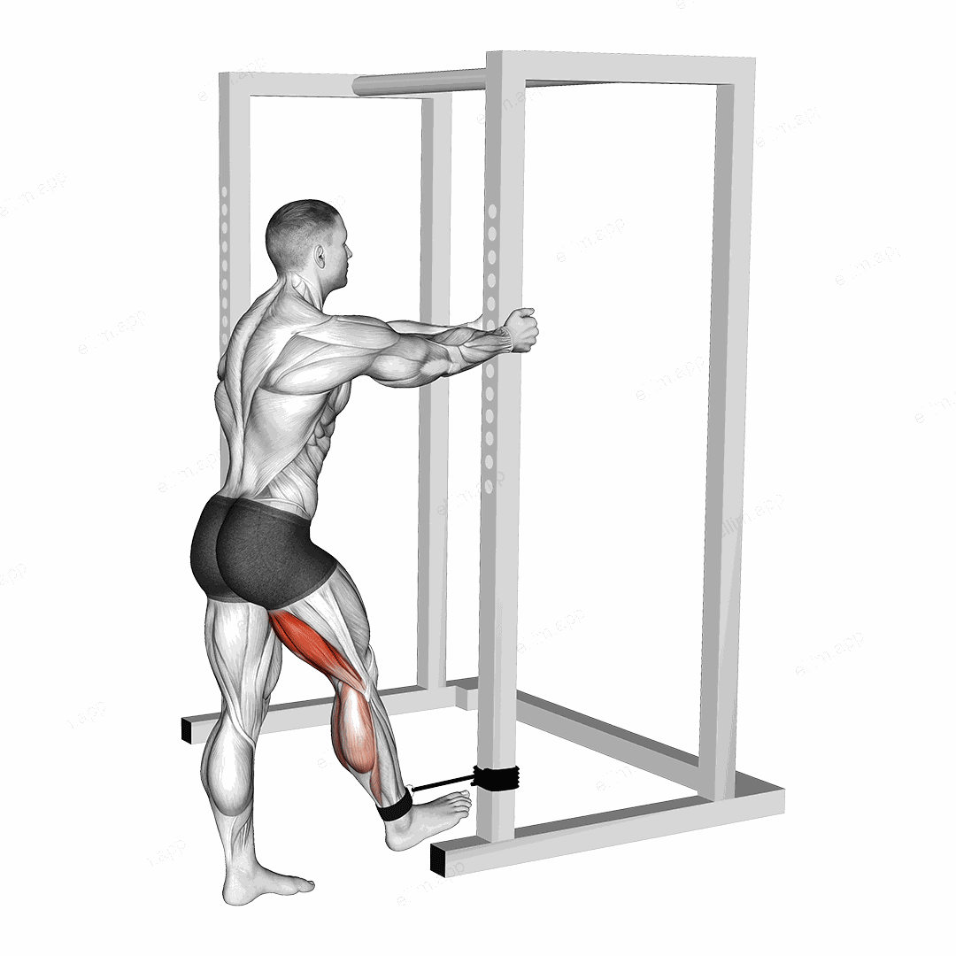 Band standing leg curl exercise targeting Thighs