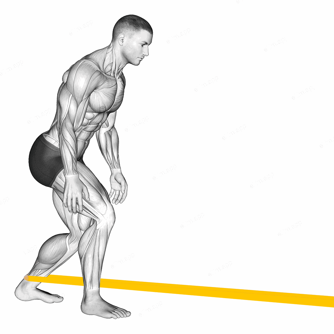 Resistance Band Standing Forward Achilles Stretch exercise targeting Calves and Gastrocnemius