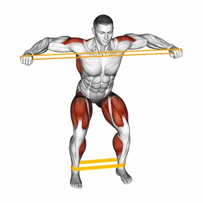 Resistance Band Squatting Front Warming-up exercise targeting Back and Hips