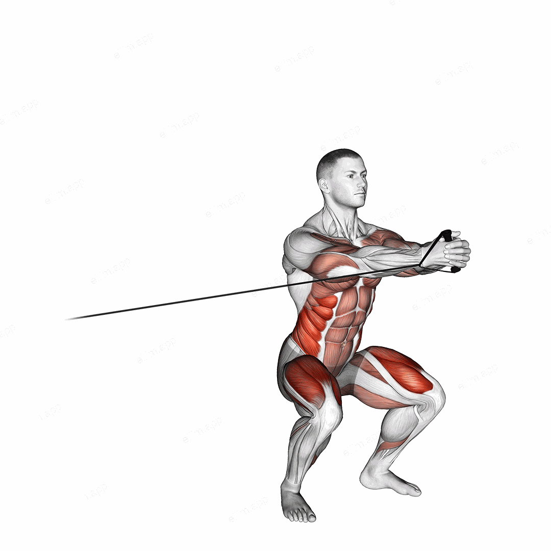 Band Squat with Horizontal Pallof Hold exercise targeting Hips and Thighs