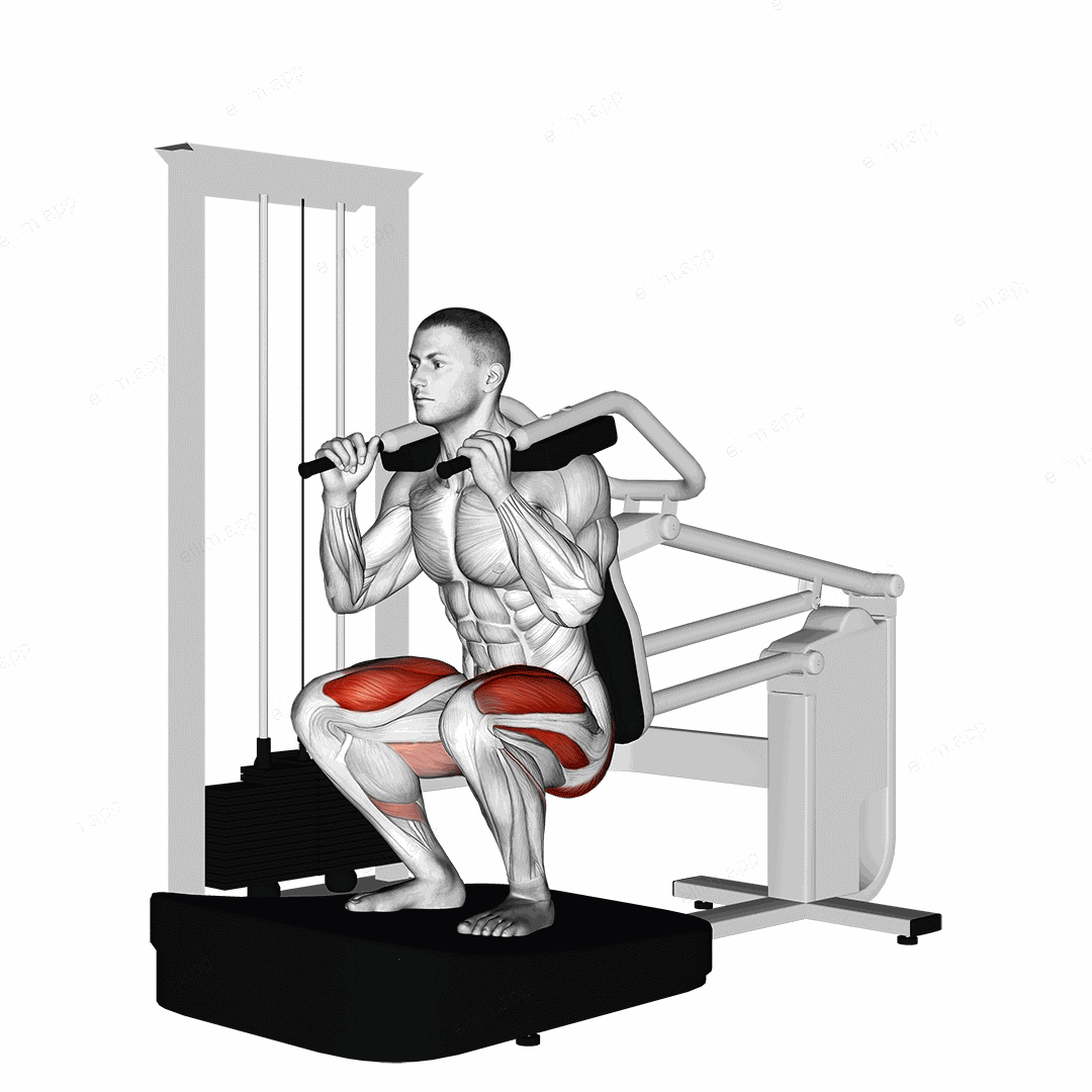 Lever Full Squat exercise targeting Thighs and Pectoralis Major Sternal Head