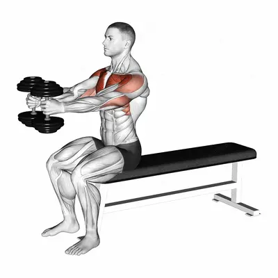 Dumbbell Seated Upright Alternate Squeeze Press exercise targeting Chest and Deltoid Anterior