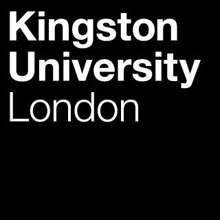 Kingston University logo, black background, white fonts