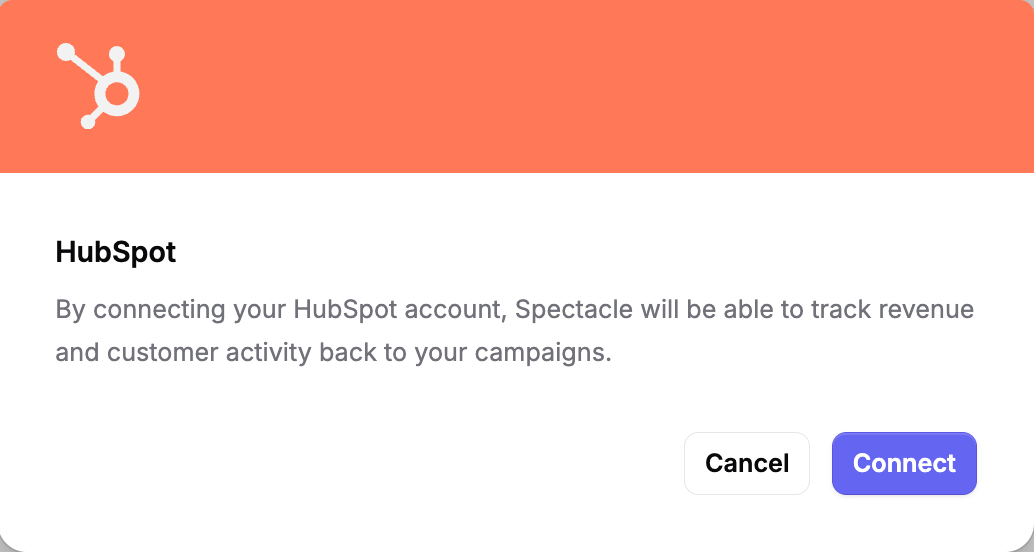 Step-by-step screenshot showing how to connect your HubSpot account to Spectacle for marketing attribution tracking