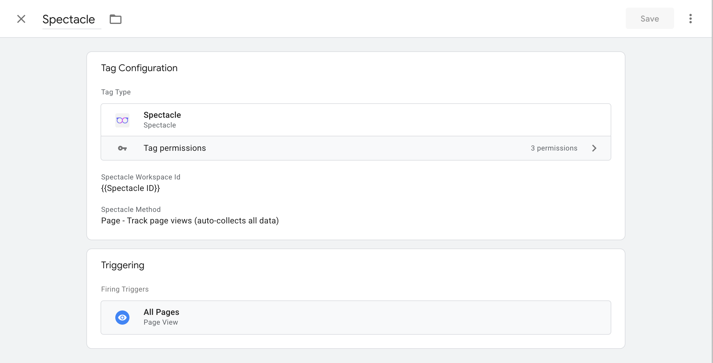 Google Tag Manager template setup interface for Spectacle Track function to monitor conversion events and attribution data
