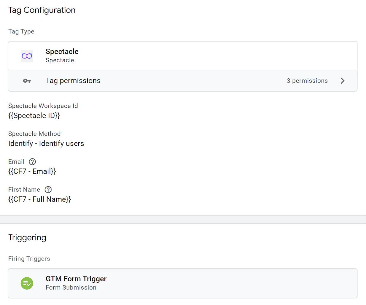 Google Tag Manager template configuration for Spectacle Identify function to track user identification and attribution data