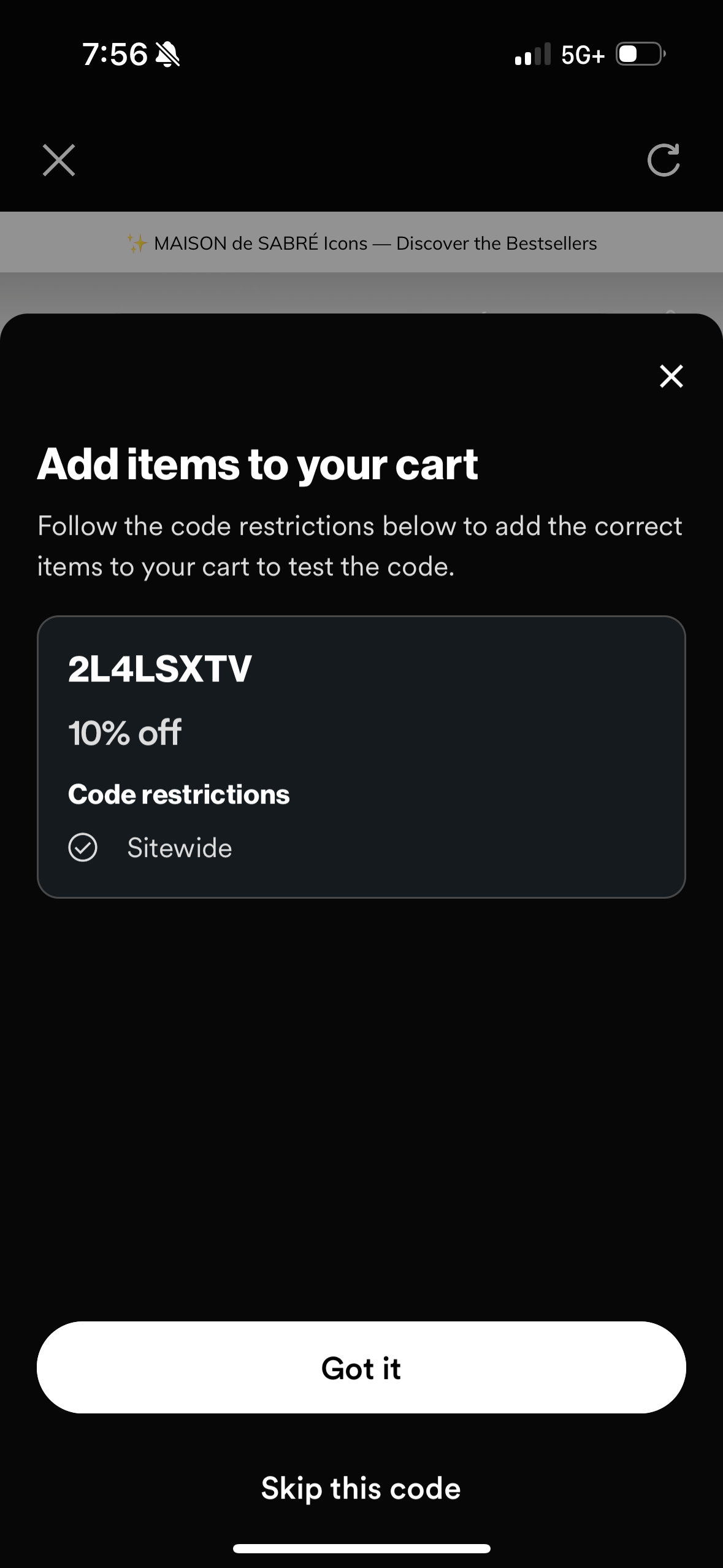 Adding items to cart to test a code