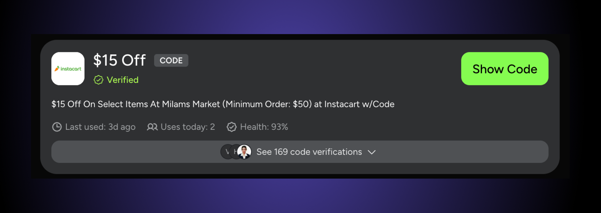 SimplyCodes promo code for Instacart for minimum order