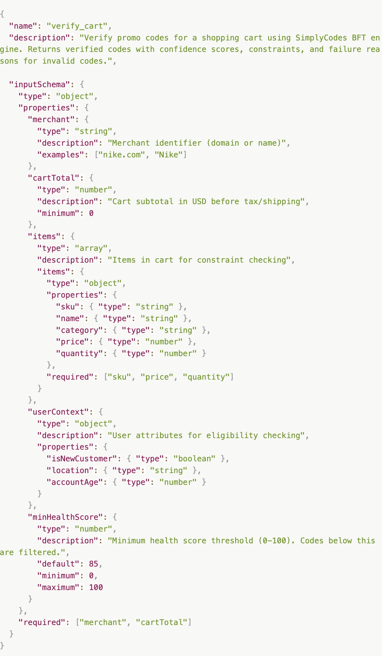 JSON schema showing how SimplyCodes uses a transport layer uses MCP (Model Context Protocol) to decouple our ledger from specific LLMs for a SimplyCodes promo code