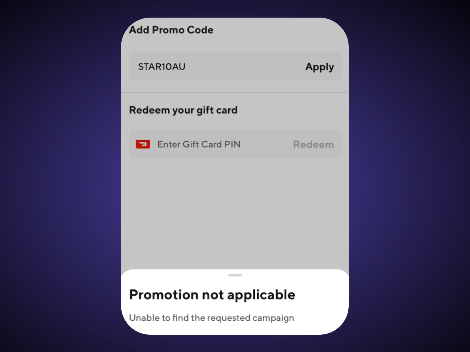 Screenshot of copying promo code STAR10AU for CouponFollow to be used on DoorDash but it failing