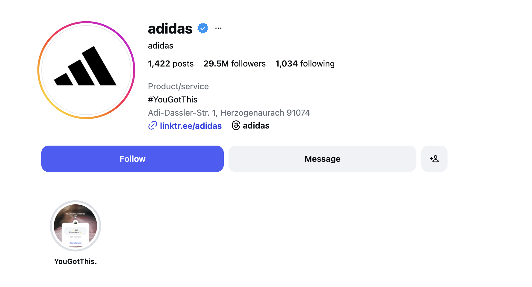 Adidas social media Instagram page 