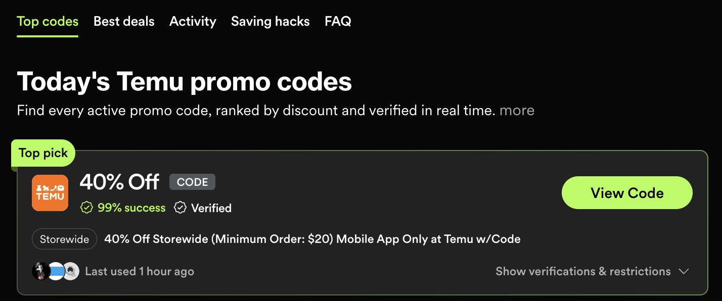 Temu promo codes on SimplyCodes