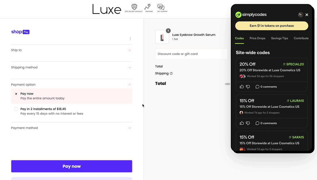 SimplyCodes browser extension example on Chrome