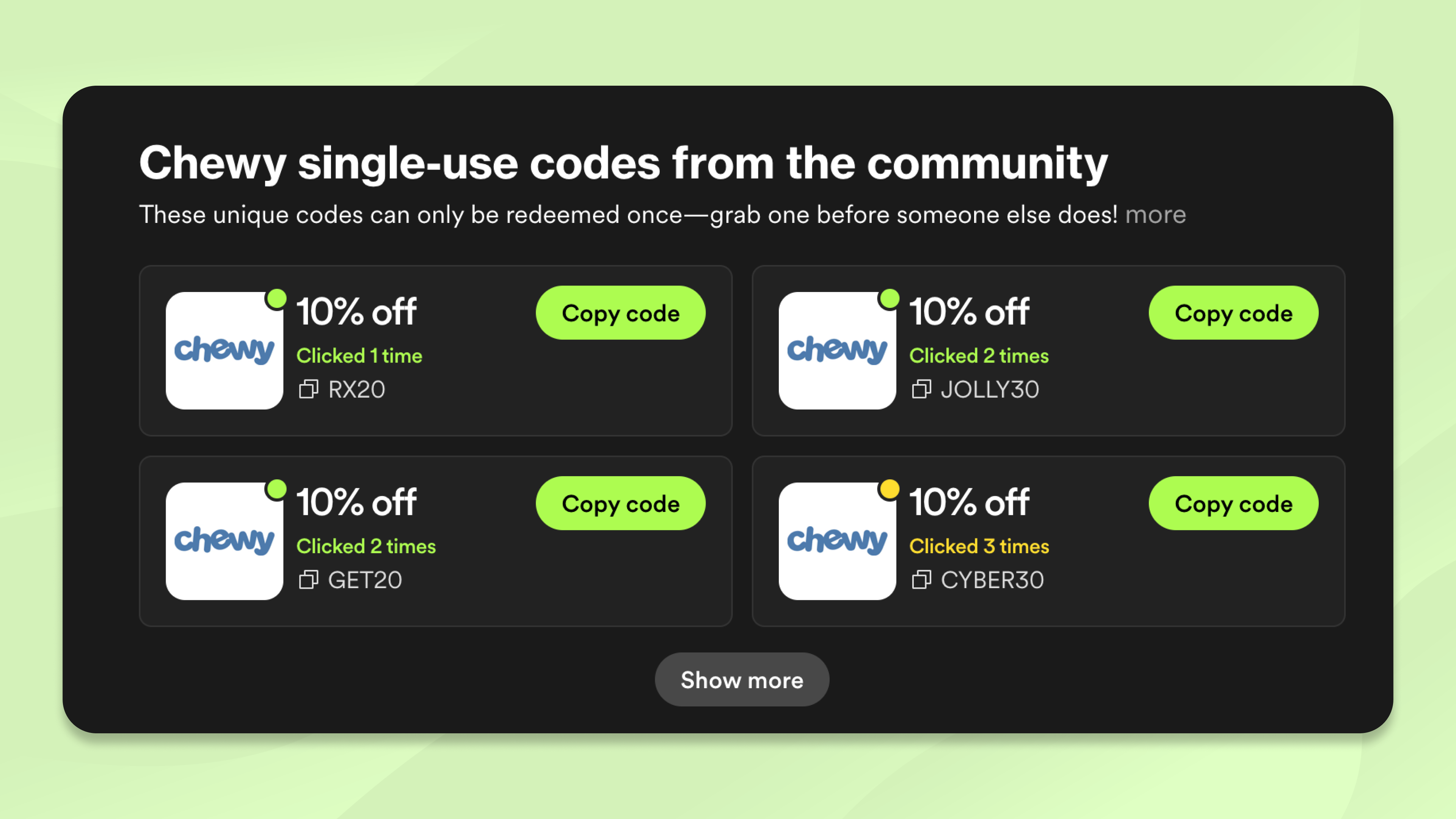 An example of a single-use code for Chewy on SimplyCodes