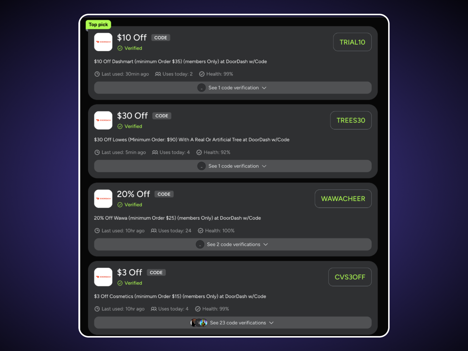 MLP of DoorDash promo codes on SimplyCodes