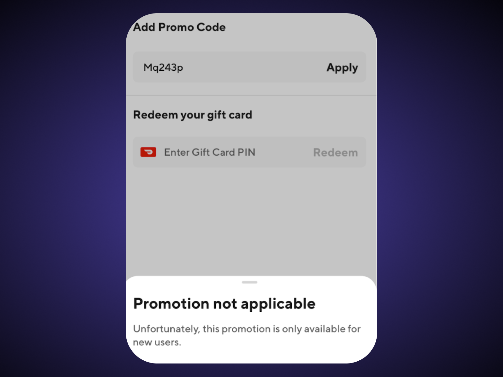 Screenshot of copying promo code for CouponFollow to be used on DoorDash but it failing