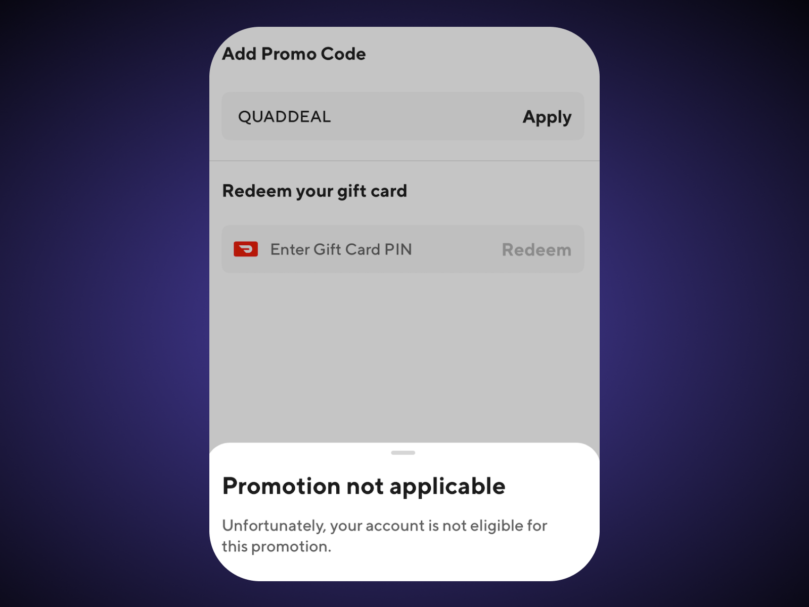 Screenshot of a using promo code QUADDEAL used on CouponFollow for DoorDash and the code failing