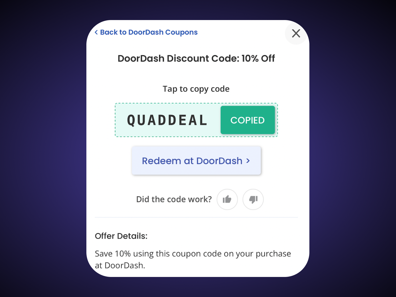 Screenshot of a promo code QUADDEAL used on CouponFollow