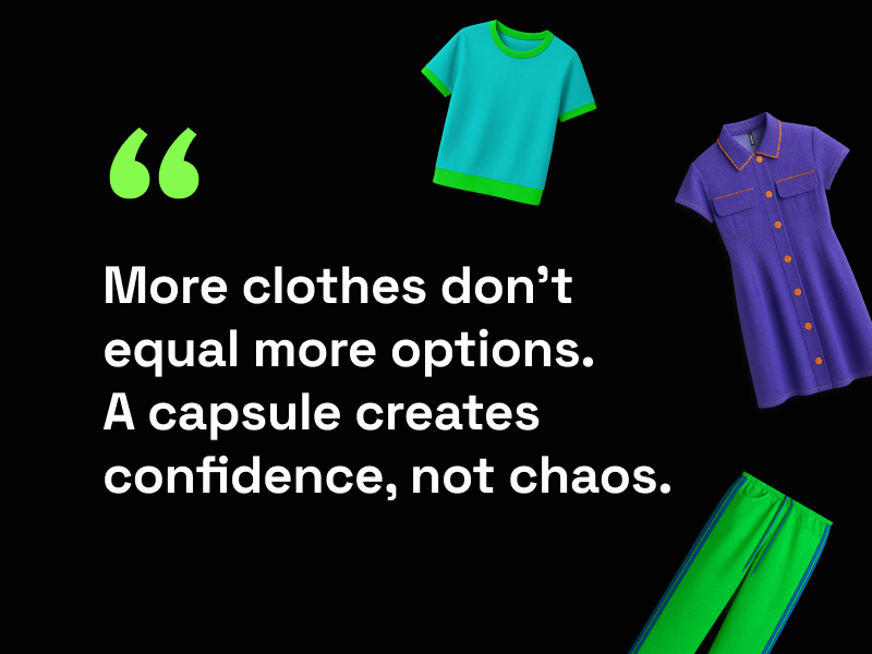 SimplyCodes Minimalist capsule wardrobe concept with clothing items including a turquoise t-shirt, purple button-up dress, and green pants on black background, with quote 'More clothes don't equal more options. A capsule creates confidence, not chaos.
