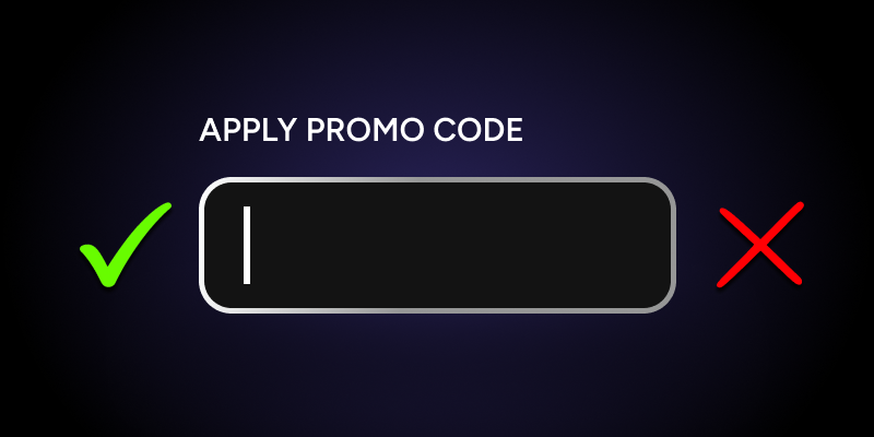 An apply promo code box being filled out, a green check and x showing how promo codes can be a 50/50 game on if they're going to work