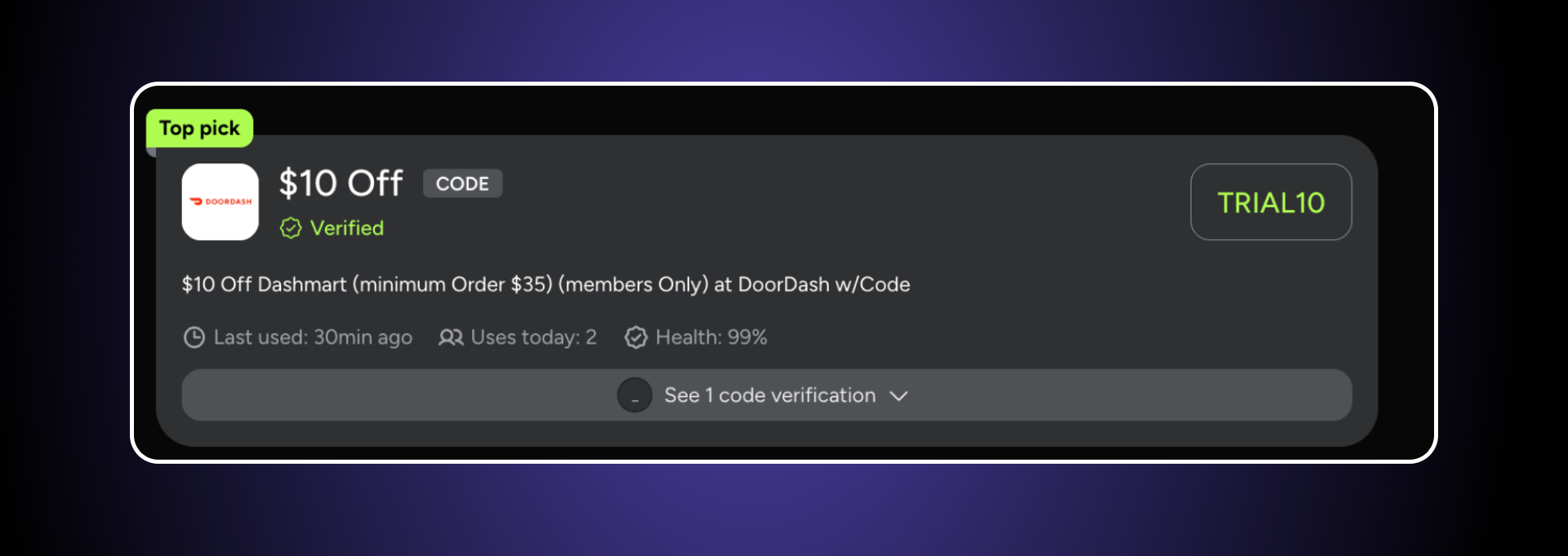 Screenshot of copying a promo code on SimplyCodes for DoorDash