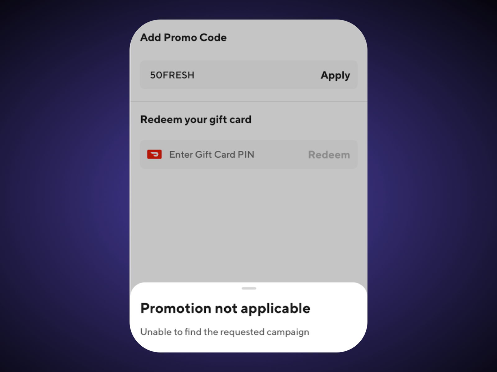 Screenshot of using a promo code on Honey for DoorDash but it failing